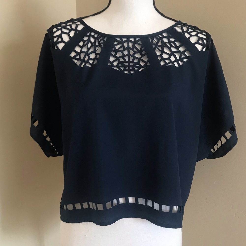 Lush Blouse Shirt Navy Laser Cut Hem Crop Top L